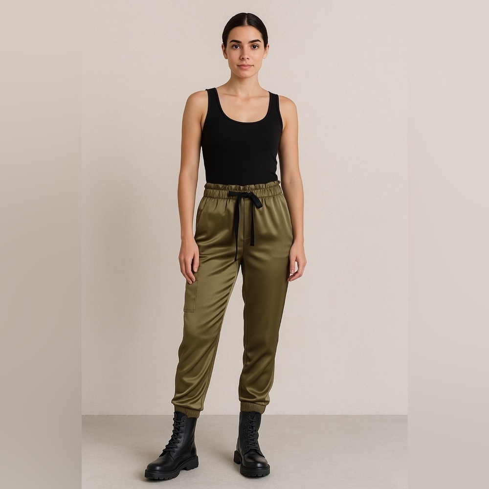 Elizabeth & James Satin Jogger Trouser Military Olive Green Black size 2…​​